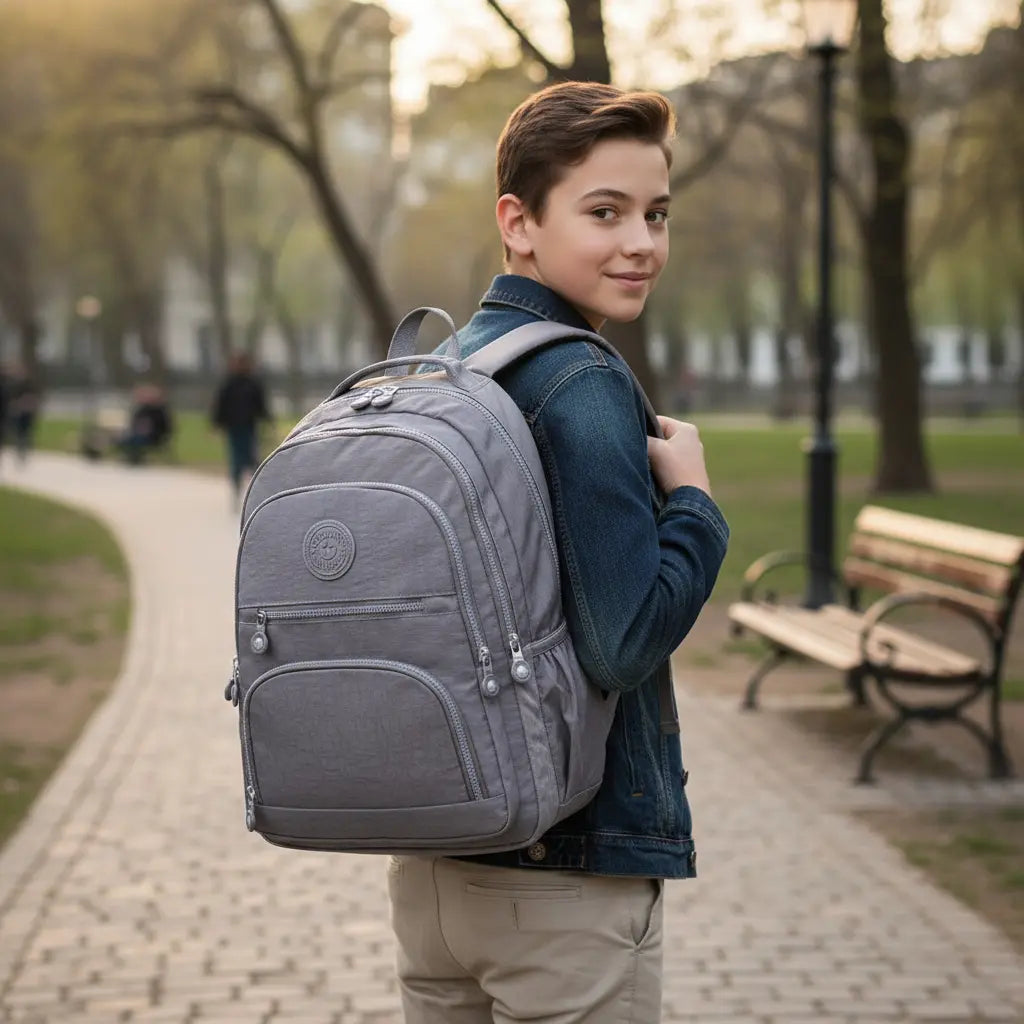 Sac à dos collège garçon gris grande capacité porté en extérieur