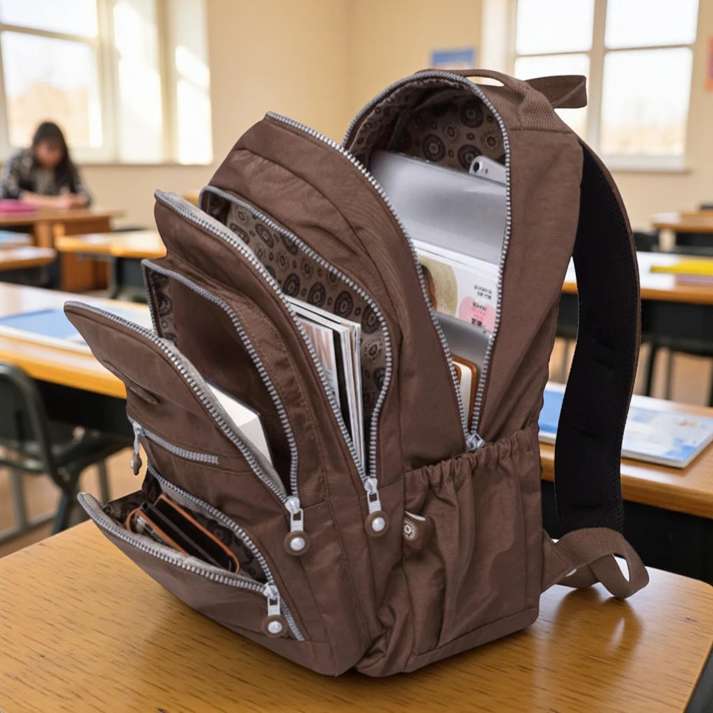 Sac à dos scolaire garçon marron ouvert avec livres et cahiers en salle de classe