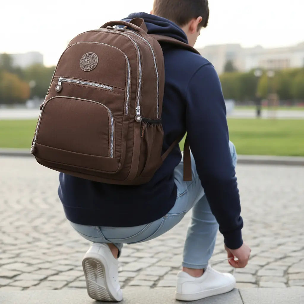 Sac à dos scolaire garçon marron porté sur le dos vue arrière