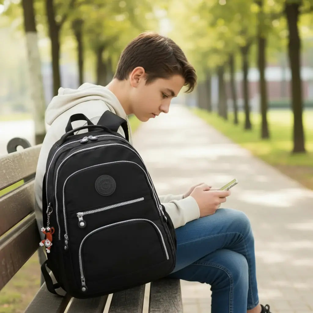 Sac à dos collège garçon noir grande capacité porté en extérieur assis sur un banc.