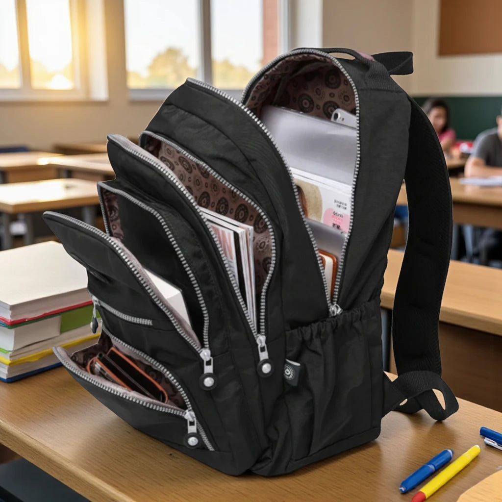 Sac à dos scolaire garçon noir ouvert avec livres et cahiers en salle de classe