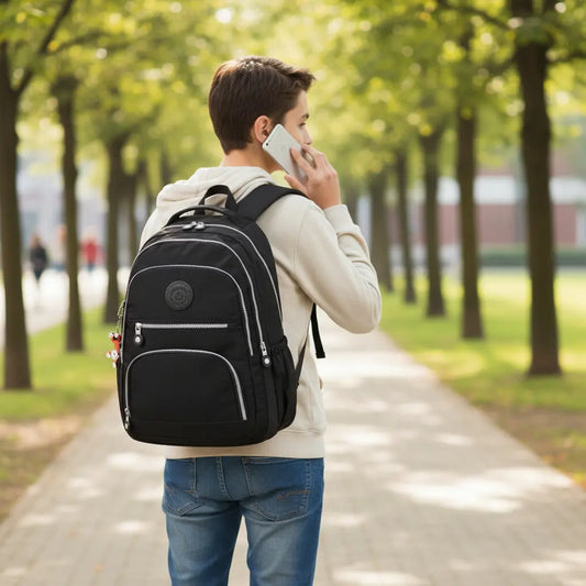 Sac à dos scolaire garçon noir porté sur le dos vue arrière