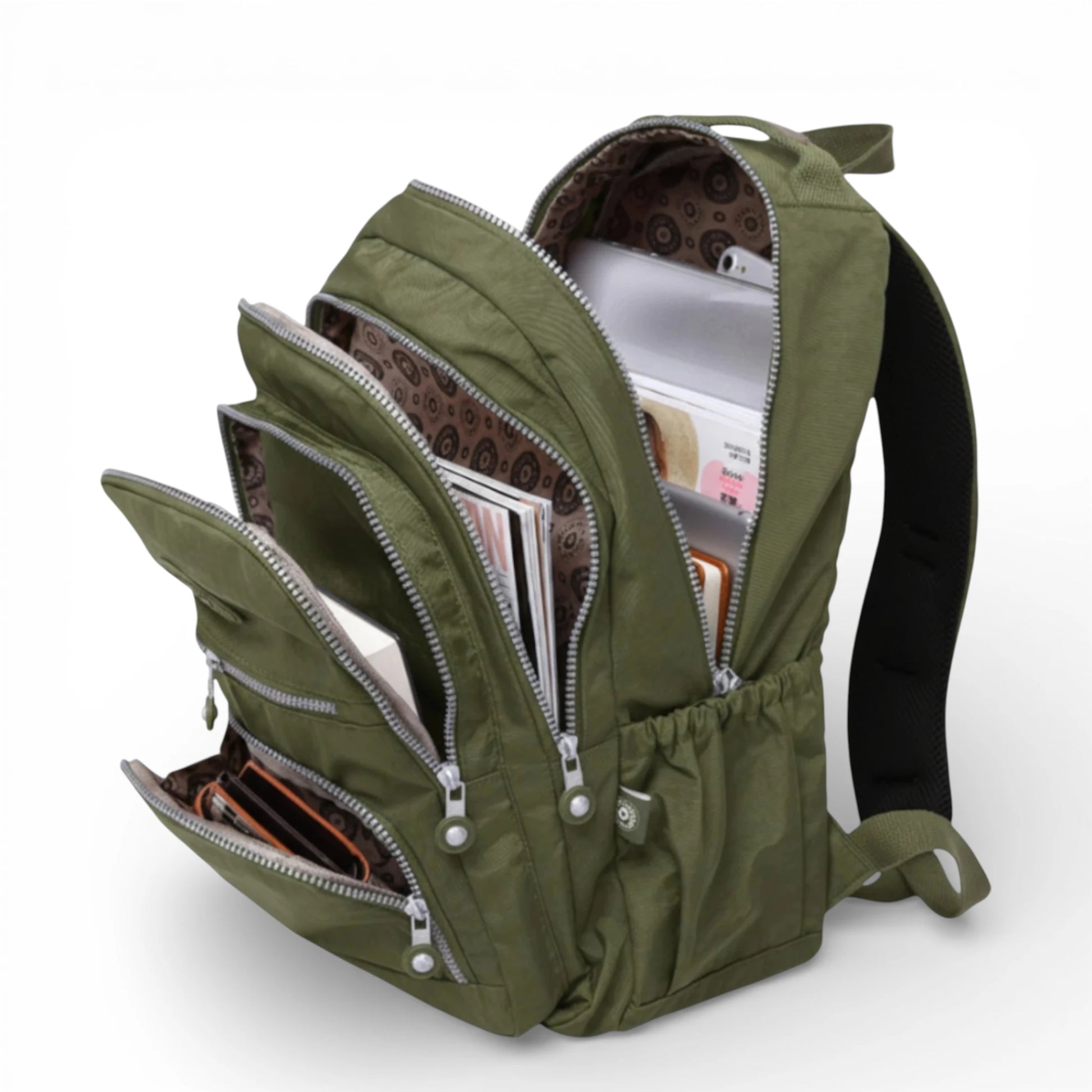 Sac à dos collège kaki avec compartiments multiples et rangement organisé