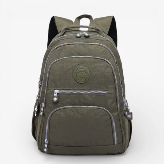 Sac à dos collège kaki grande capacité en nylon imperméable avec poches zippées