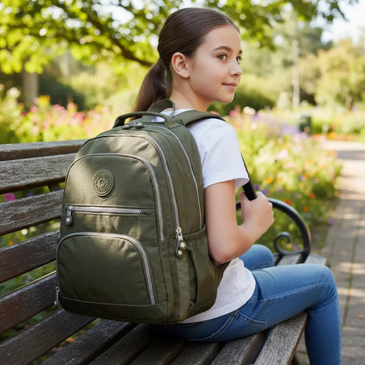 Sac à dos scolaire kaki porté assise sur un banc en extérieur