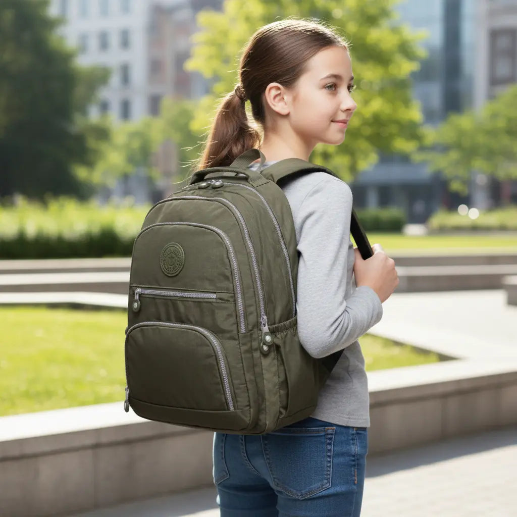 Sac à dos collège kaki grande capacité porté en extérieur