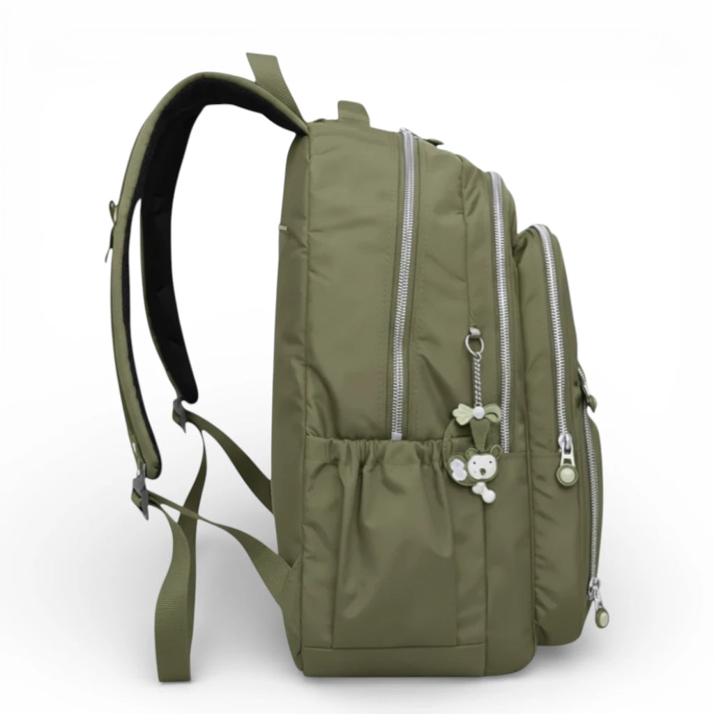 Sac à dos scolaire kaki vue latérale avec poche bouteille