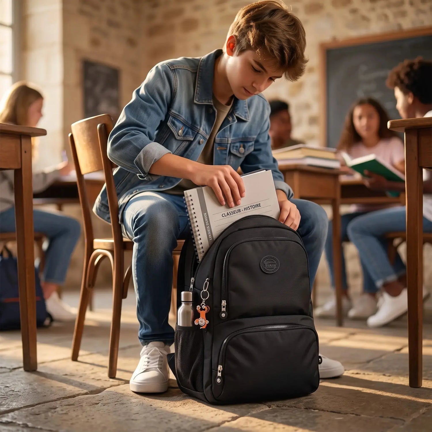 Adolescent rangeant un classeur A4 dans un sac à dos scolaire noir de 47 cm en salle de classe.