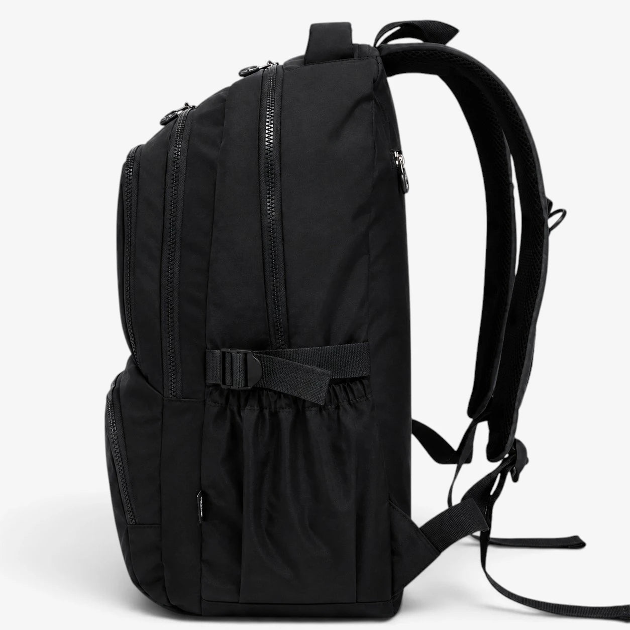 Sac à dos scolaire noir vue latérale avec poche bouteille