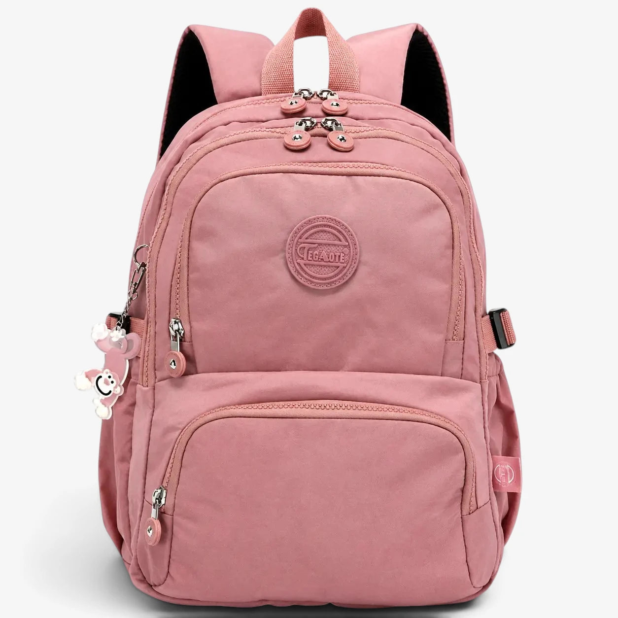 Sac à dos collège rose grande capacité en nylon imperméable avec poches zippées