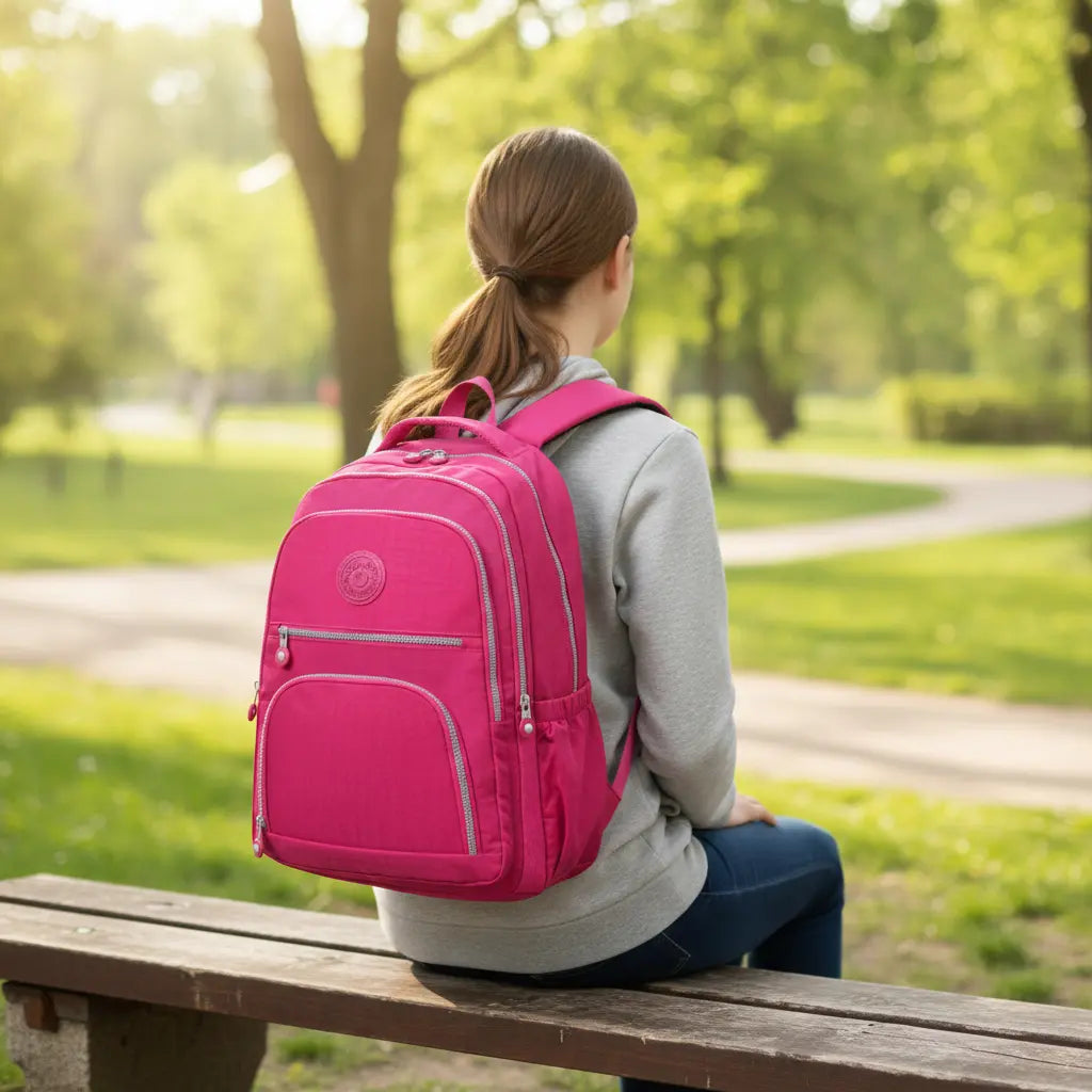 Sac à dos collège rose 35L porté sur le dos vue arrière