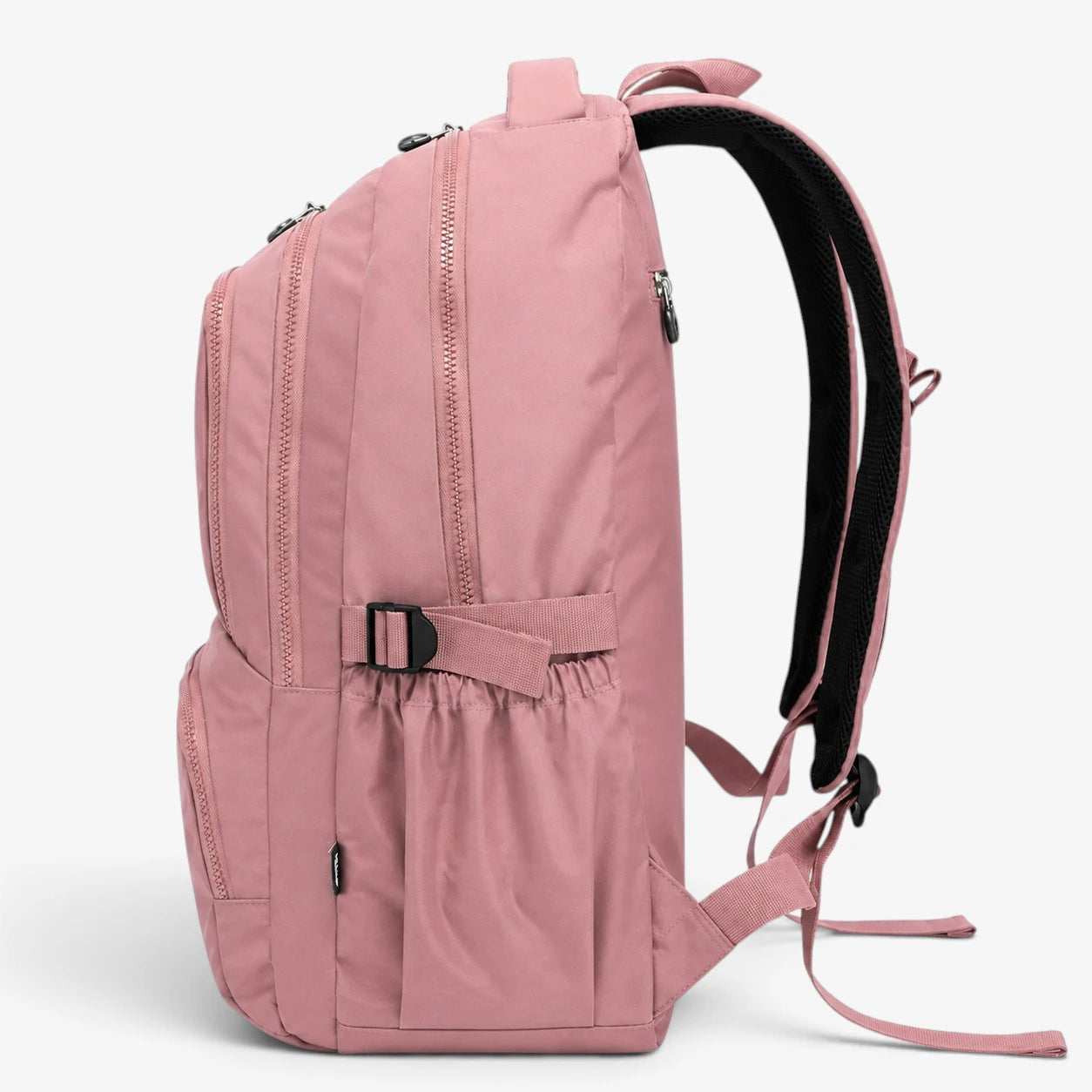 Sac à dos scolaire rose vue latérale avec poche bouteille