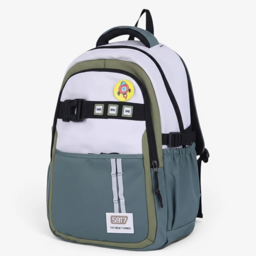Sac à dos collège vert et blanc avec multiples compartiments