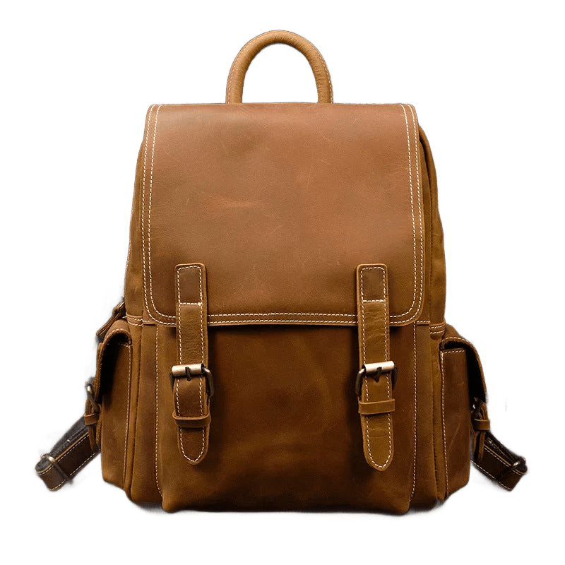 Sac à dos vintage marron clair en cuir Crazy Horse – vue de face avec boucles décoratives