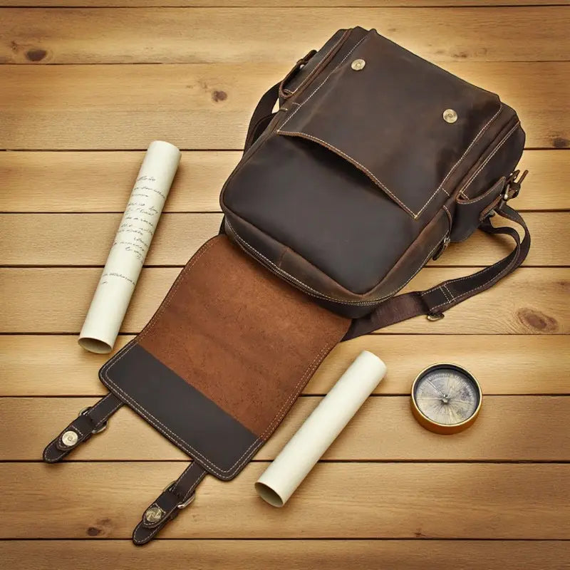 Sac à dos en cuir Crazy Horse ouvert – vue intérieure avec rabat retourné