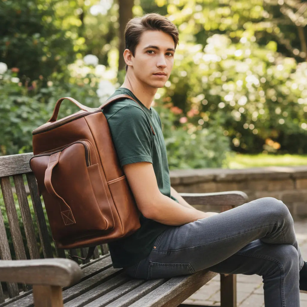 Sac à dos en cuir marron pour homme porté en extérieur, modèle à double poignées avec grand compartiment et poche avant, assis sur un banc dans un parc.