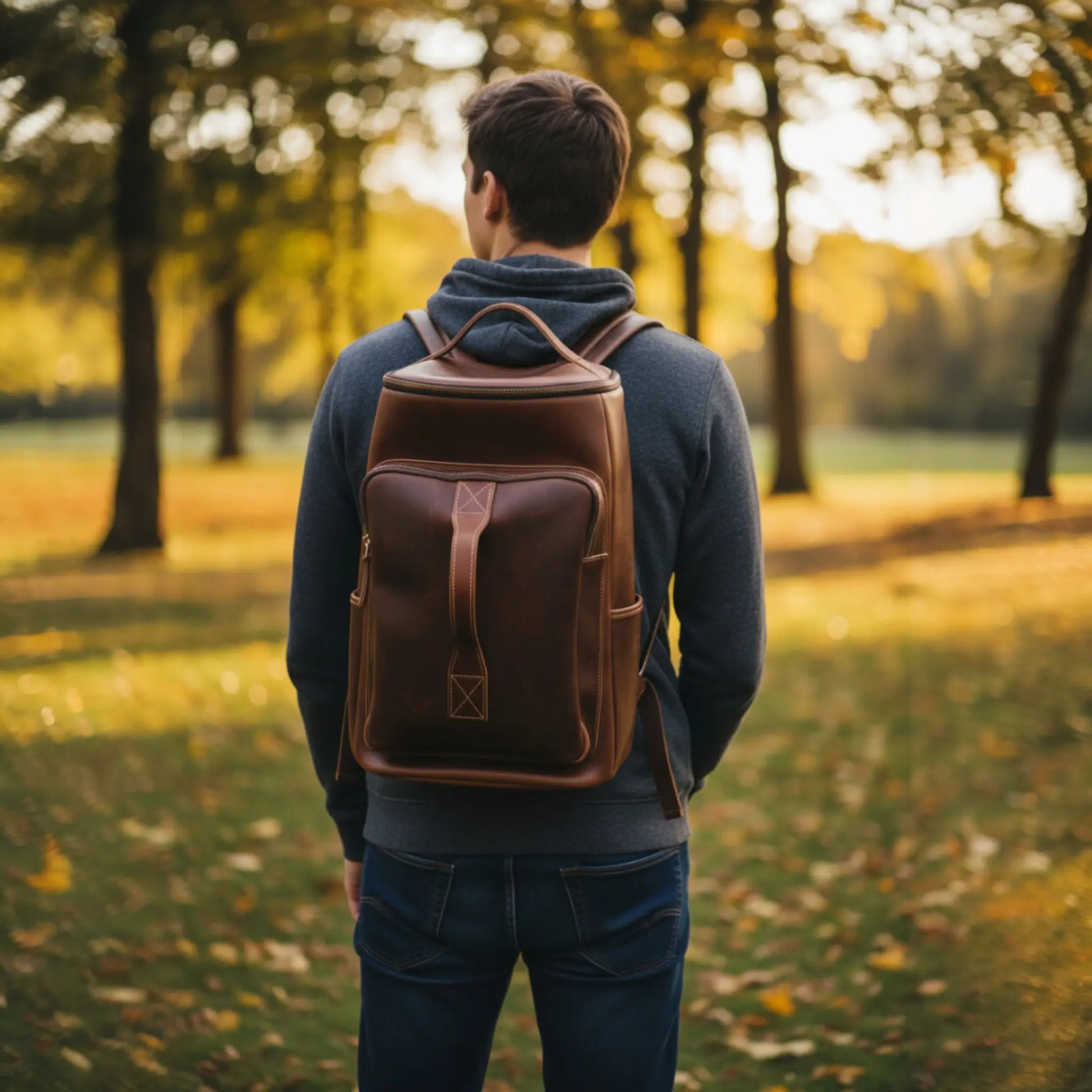 Homme portant un sac à dos en cuir marron avec double poignées dans un parc.