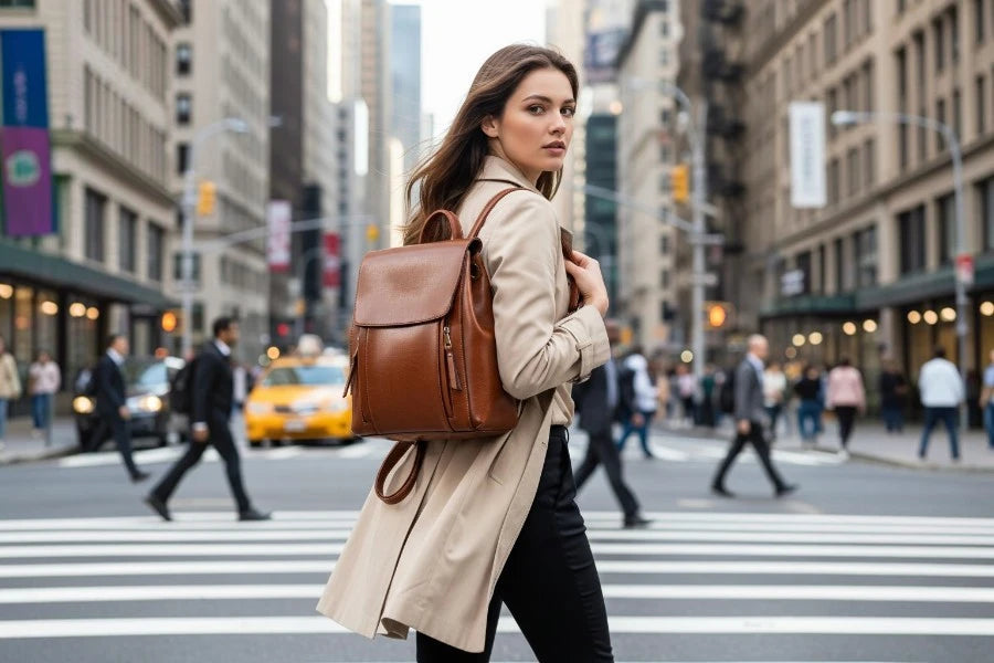 Femme portant un sac à dos en cuir marron élégant dans un environnement urbain moderne avec style chic et professionnel