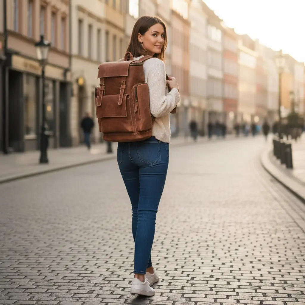 Femme portant un sac à dos vintage en cuir de vachette marron dans une rue pavée au style urbain.