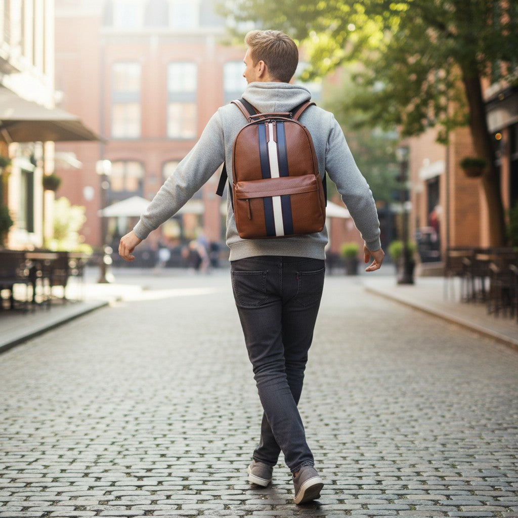Sac à dos homme en cuir avec bandes contrastées vu de dos en marchant