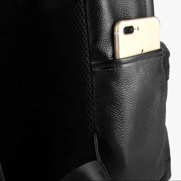Poche latérale du sac à dos homme en cuir avec rangement téléphone