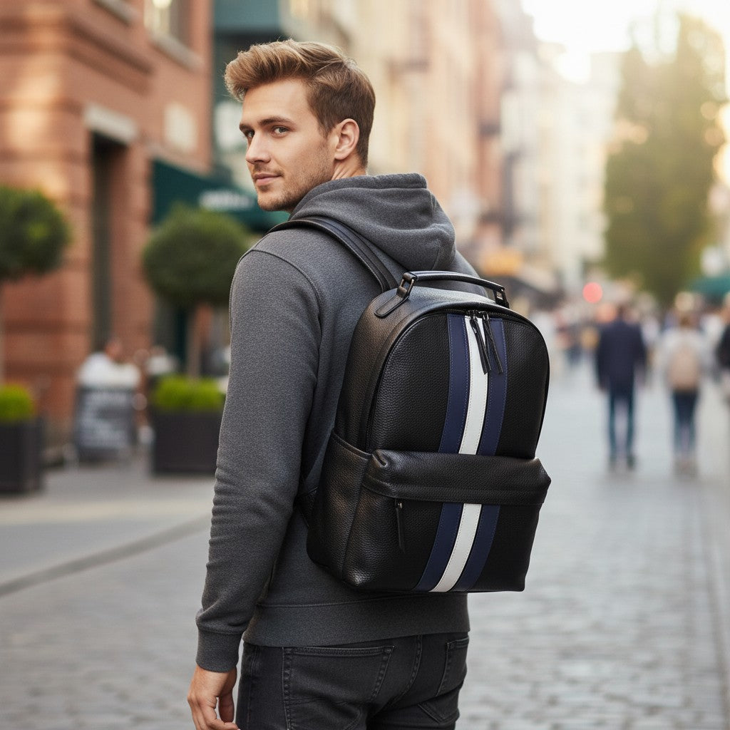 Sac à dos homme en cuir avec bandes contrastées porté en ville