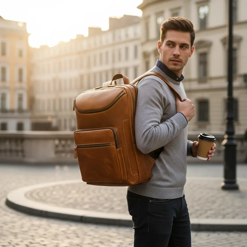 Sac à dos cuir homme camel porté à l’épaule en milieu urbain