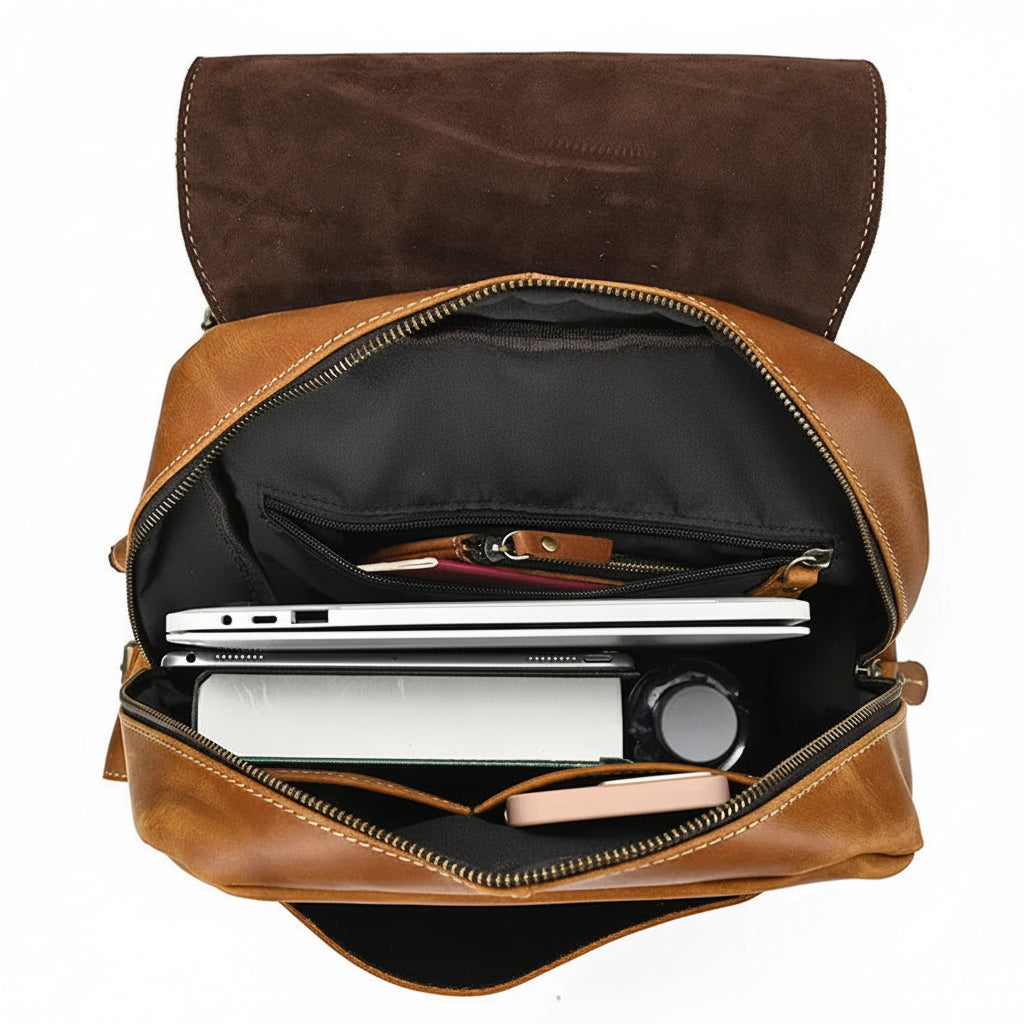 intérieur sac à dos cuir homme vintage compartiment ordinateur rangement sécurisé