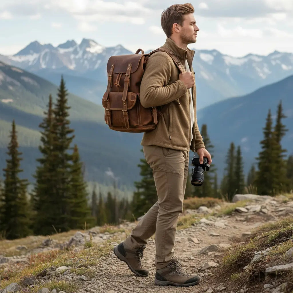 Sac à dos en cuir de vachette homme grand volume en environnement montagne