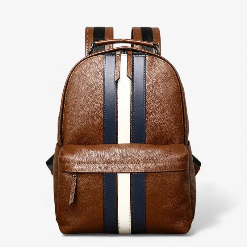 Sac à dos homme en cuir marron avec bandes contrastées vu de face