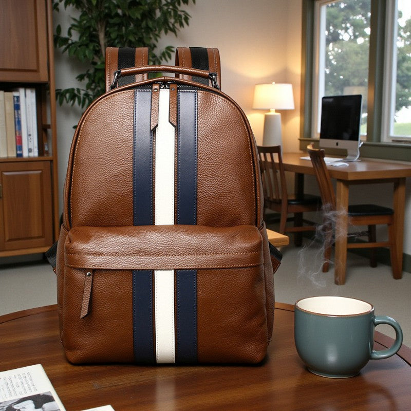 Sac à dos homme en cuir marron avec bandes contrastées verticales
