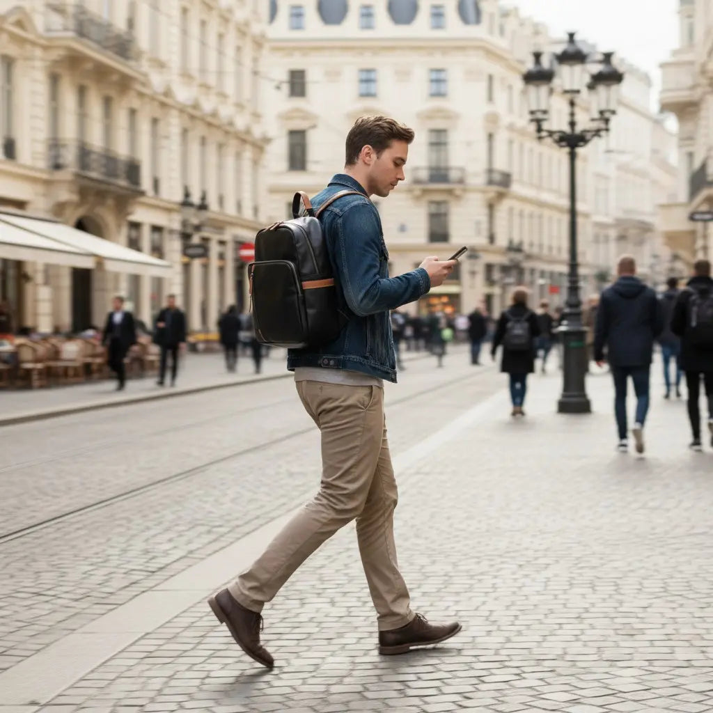 Homme marchant en ville avec un sac à dos en cuir noir sur le dos