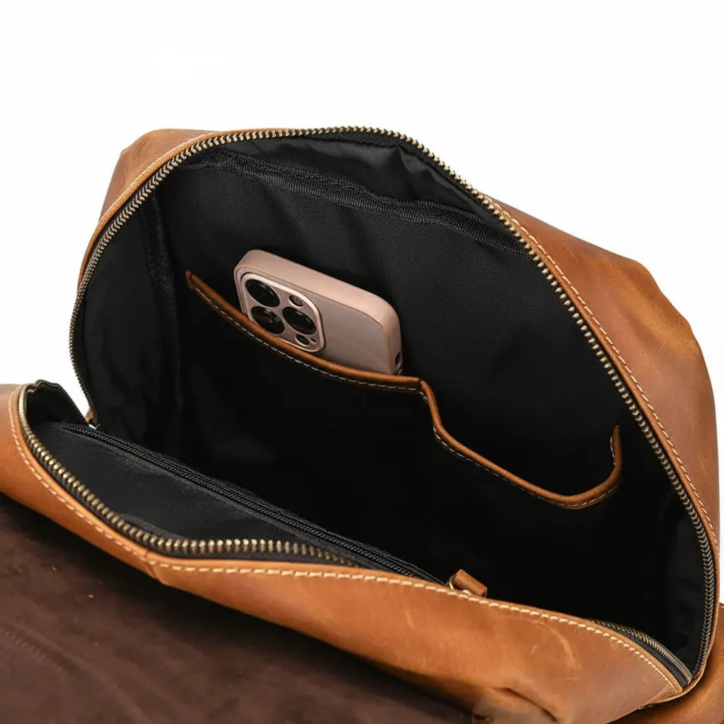 compartiment sac à dos cuir homme rangement téléphone poche sécurisée zippée
