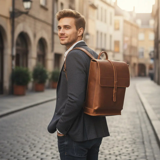 Homme portant un sac à dos en cuir véritable style rétro en milieu urbain
