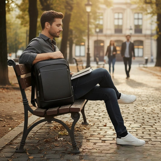 Homme assis sur un banc avec un sac à dos en cuir noir doté d’un compartiment ordinateur 15,6 pouces et port USB intégré.