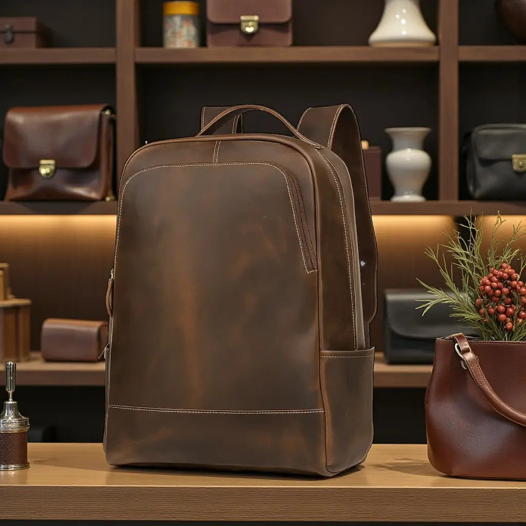 Sac à dos en cuir marron posé sur un comptoir dans une boutique artisanale