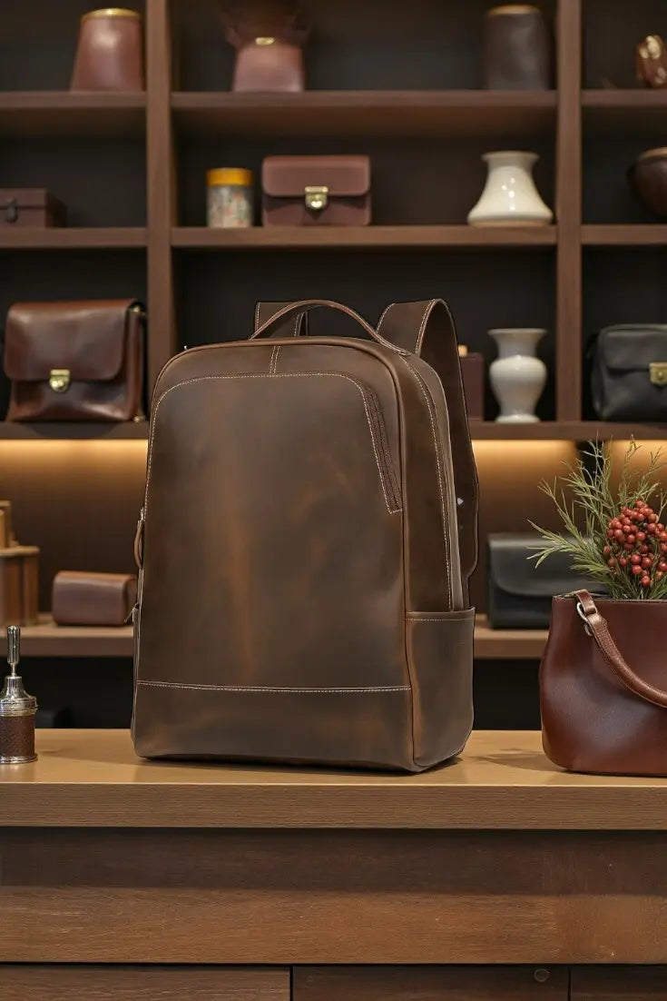 Sac à dos en cuir marron posé sur un comptoir dans une boutique artisanale