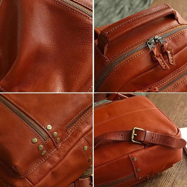 Détails du sac à dos en cuir marron montrant les coutures, rivets et texture du cuir