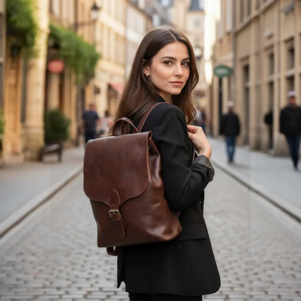 Femme portant un sac à dos en cuir marron, tenue chic et look citadin.