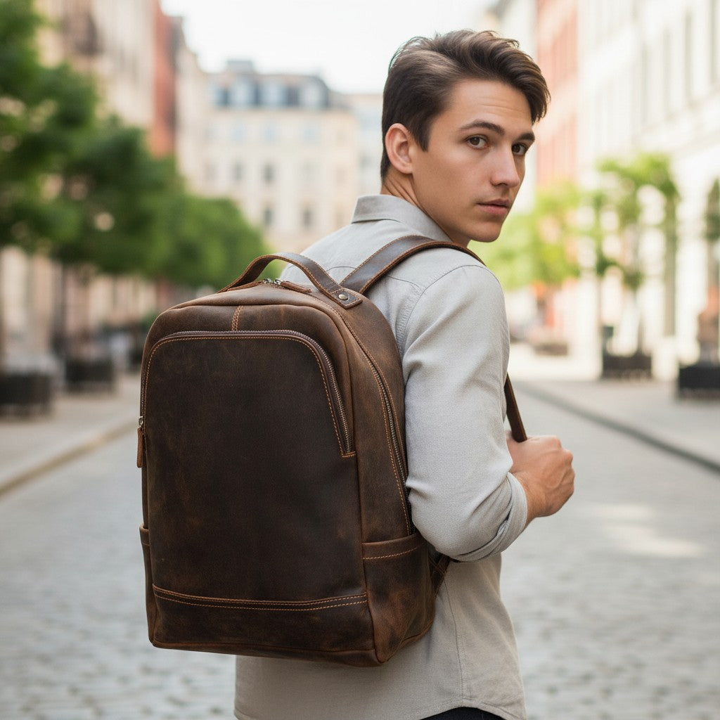 Homme marchant en ville avec un sac à dos en cuir marron vu de dos