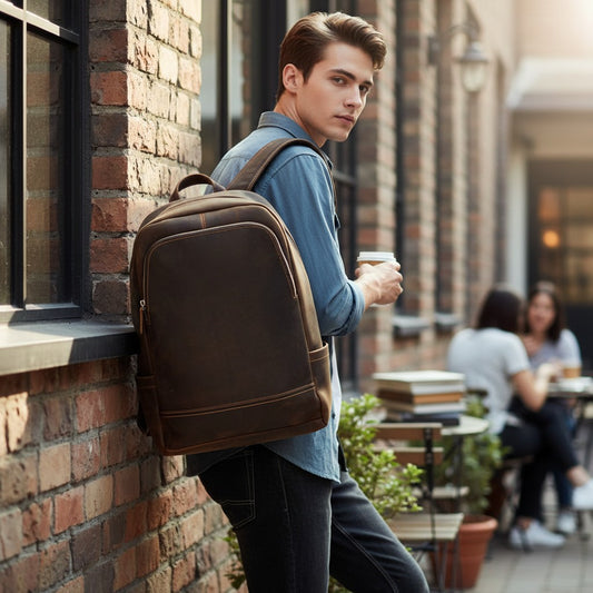 Homme portant un sac à dos en cuir marron devant un mur de briques