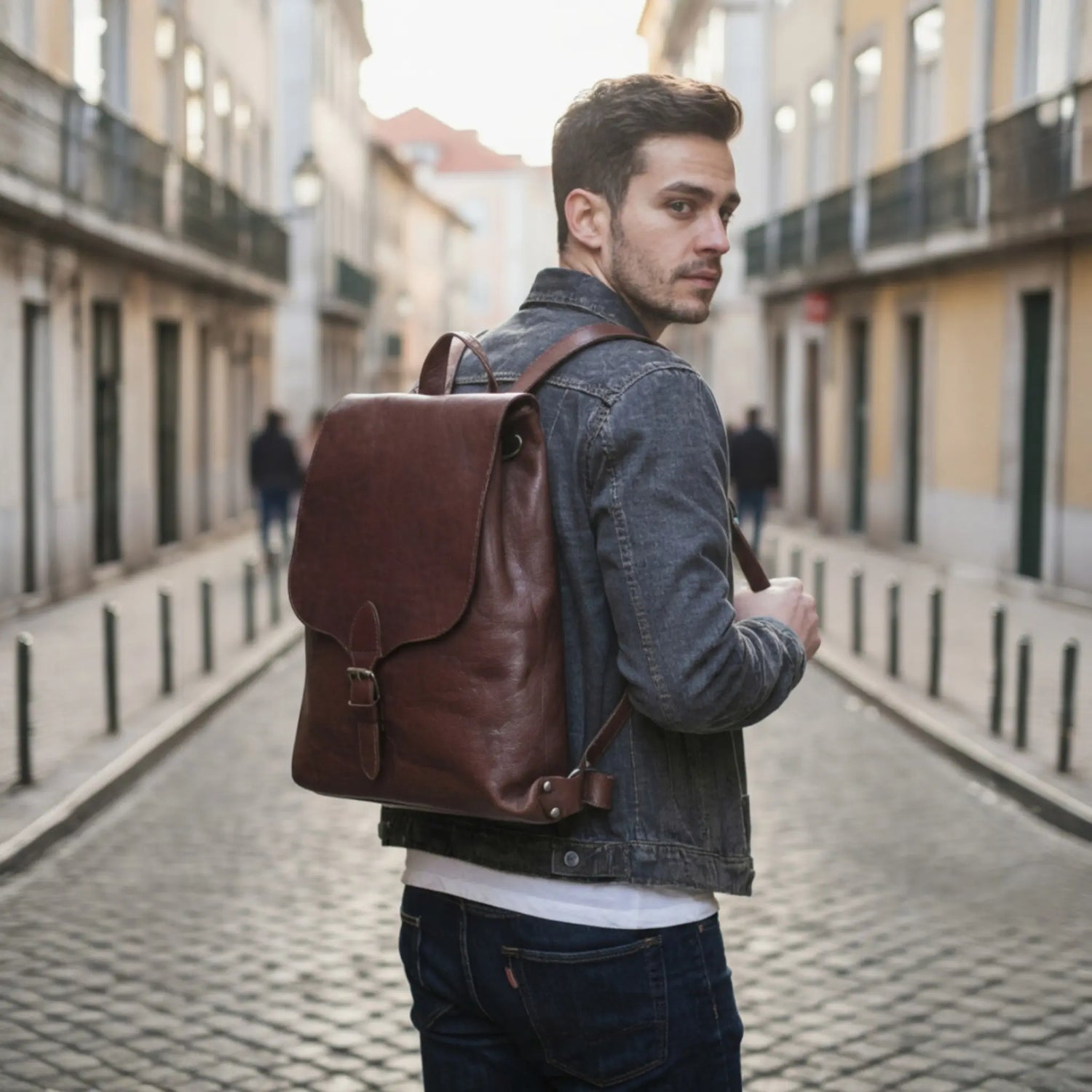 Homme portant un sac à dos en cuir marron dans la rue, style urbain et élégant.