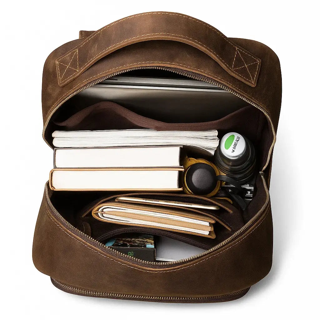Intérieur d’un sac à dos en cuir marron rempli de livres et accessoires