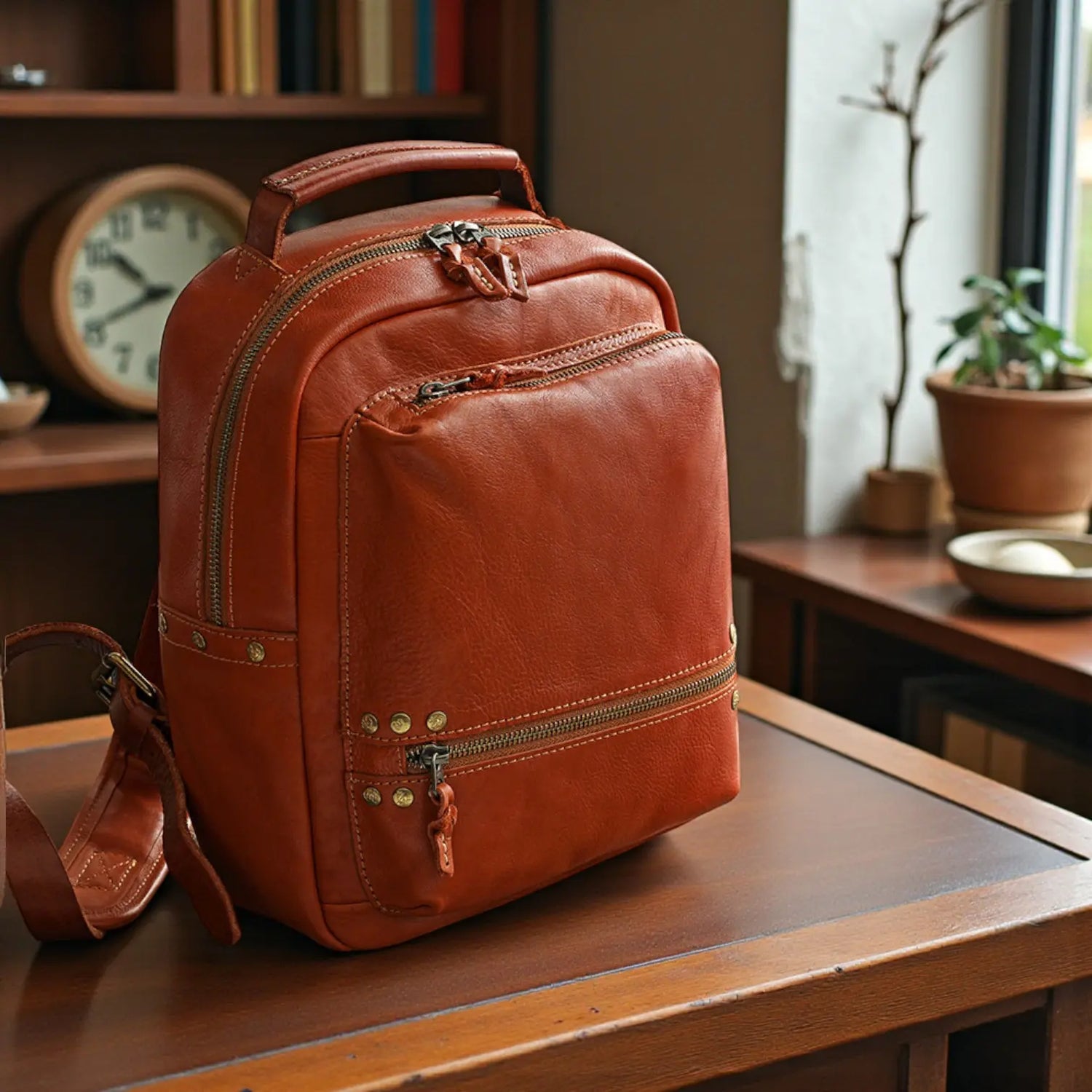 Sac à dos en cuir marron posé sur un bureau, ambiance lifestyle chaleureuse