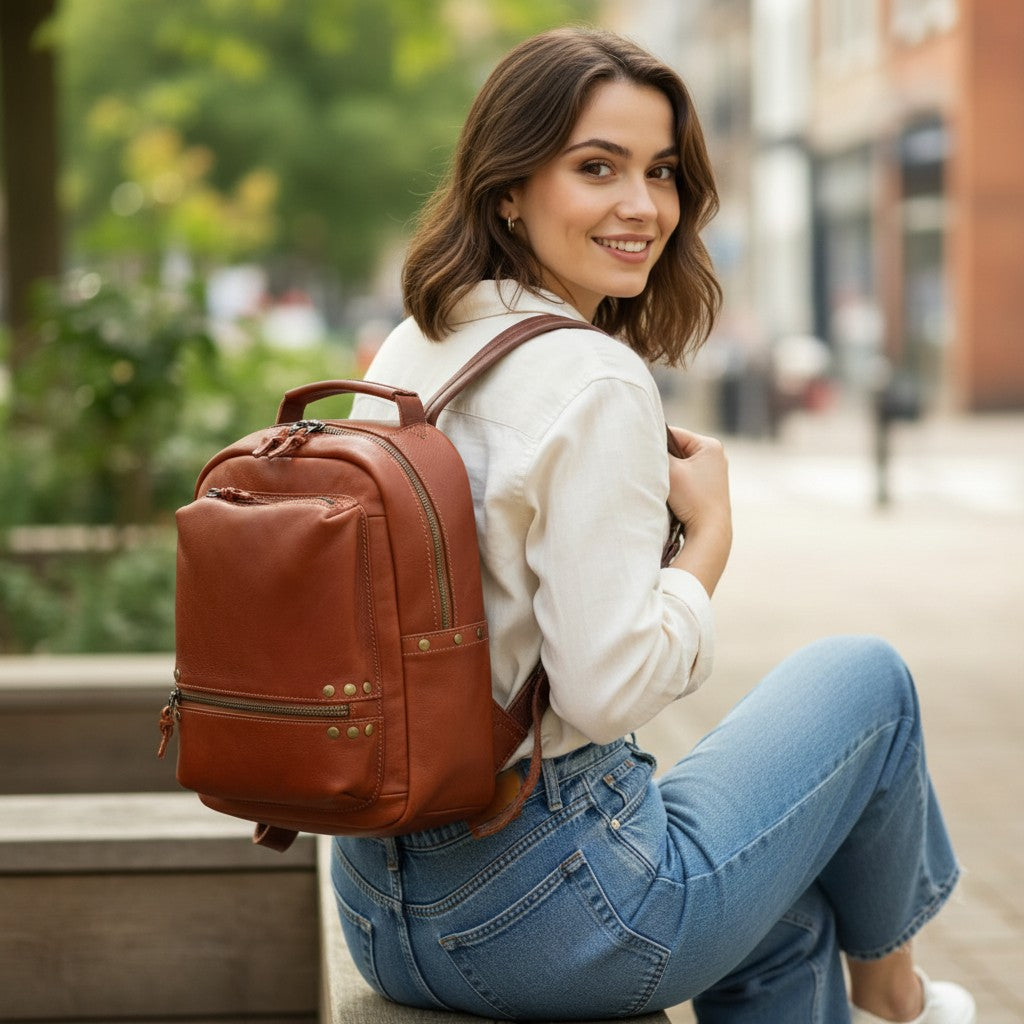 Jeune femme portant un sac à dos en cuir marron dans une ambiance urbaine