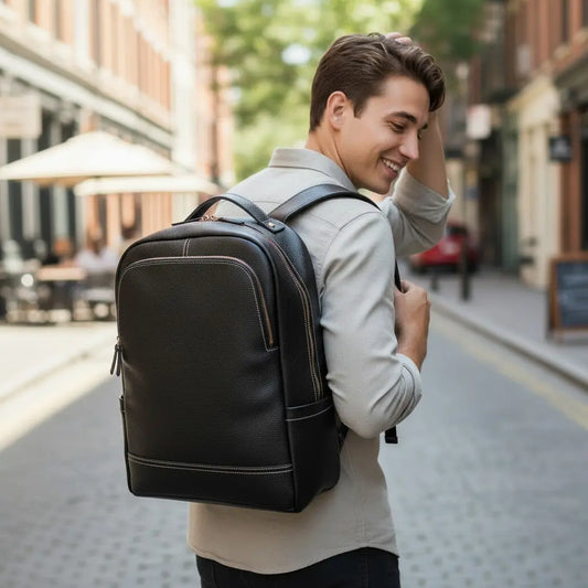 Homme en déplacement en ville avec un sac à dos en cuir noir