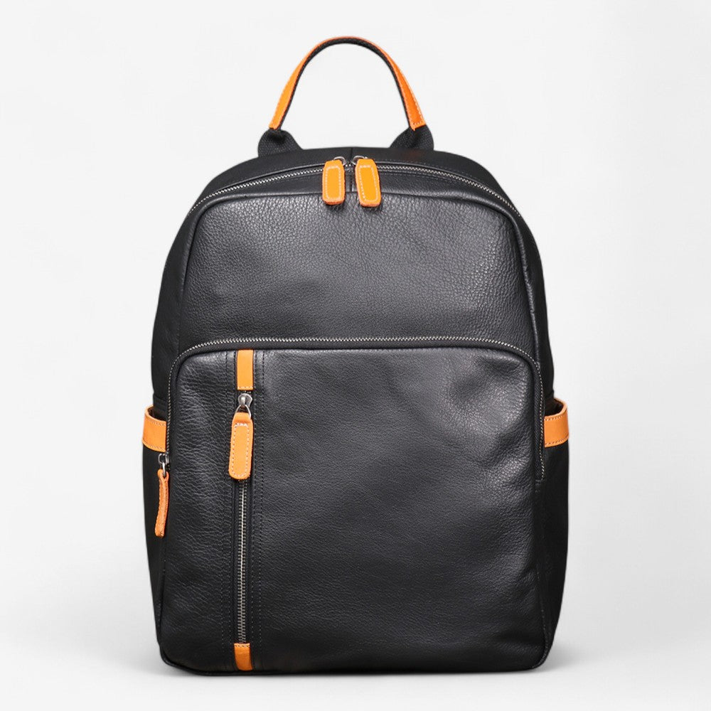 Sac à dos en cuir noir pour homme avec détails marron, compatible ordinateur 15 pouces