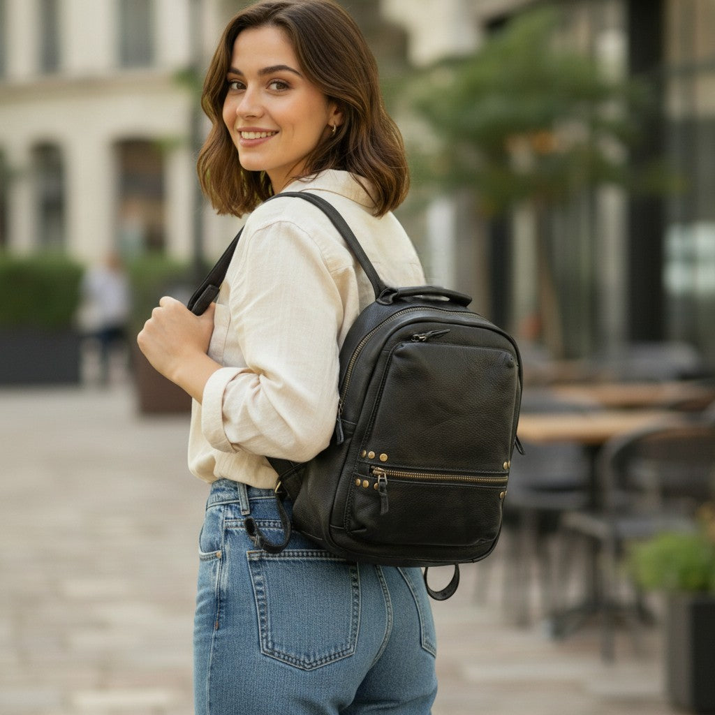 Jeune femme portant un sac à dos en cuir noir lors d’une promenade en extérieur