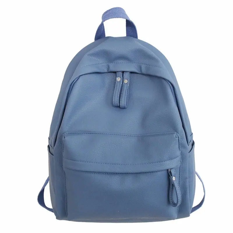 Vue avant du sac à dos en cuir PU bleu imperméable avec poche frontale