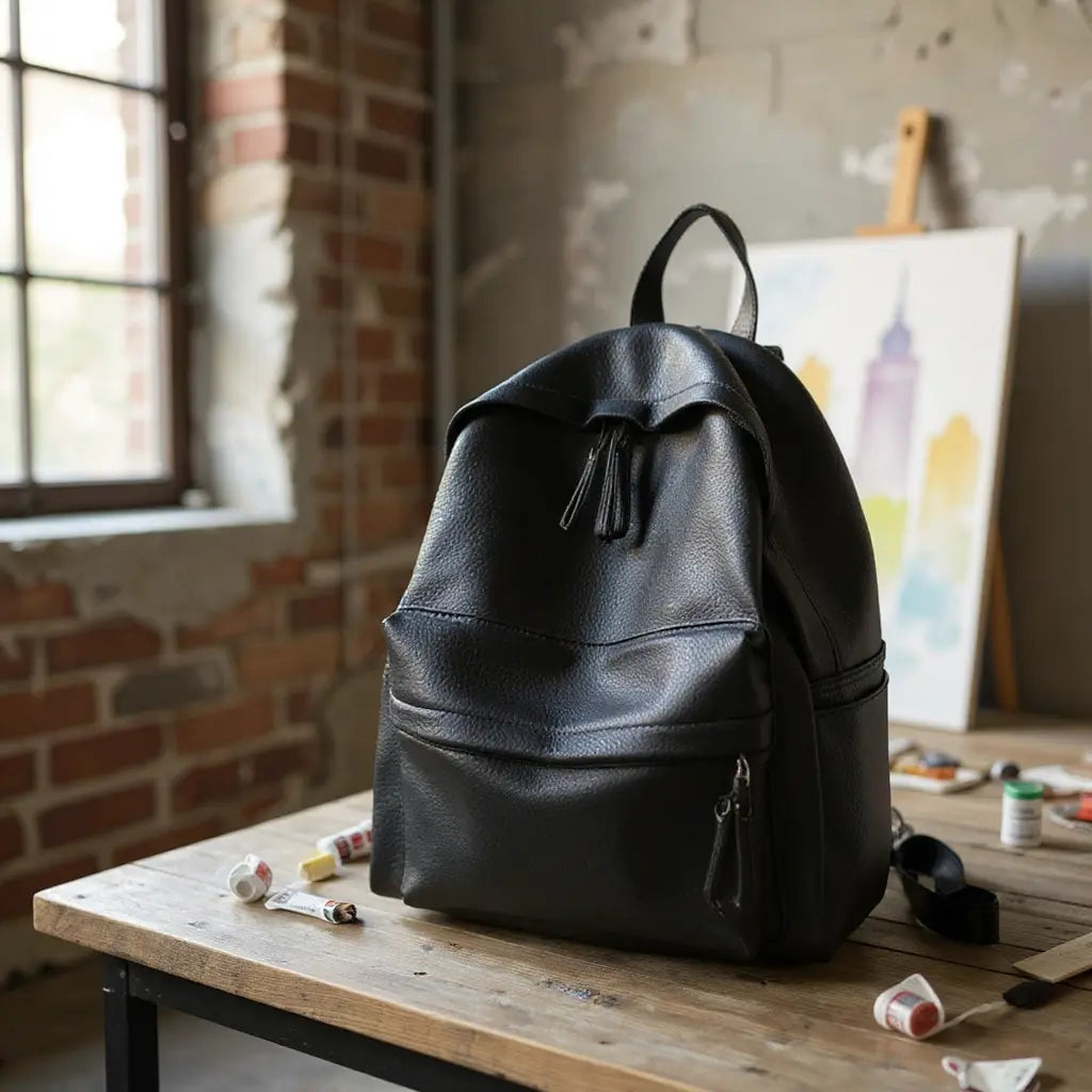 Sac à dos en cuir PU posé sur une table en bois